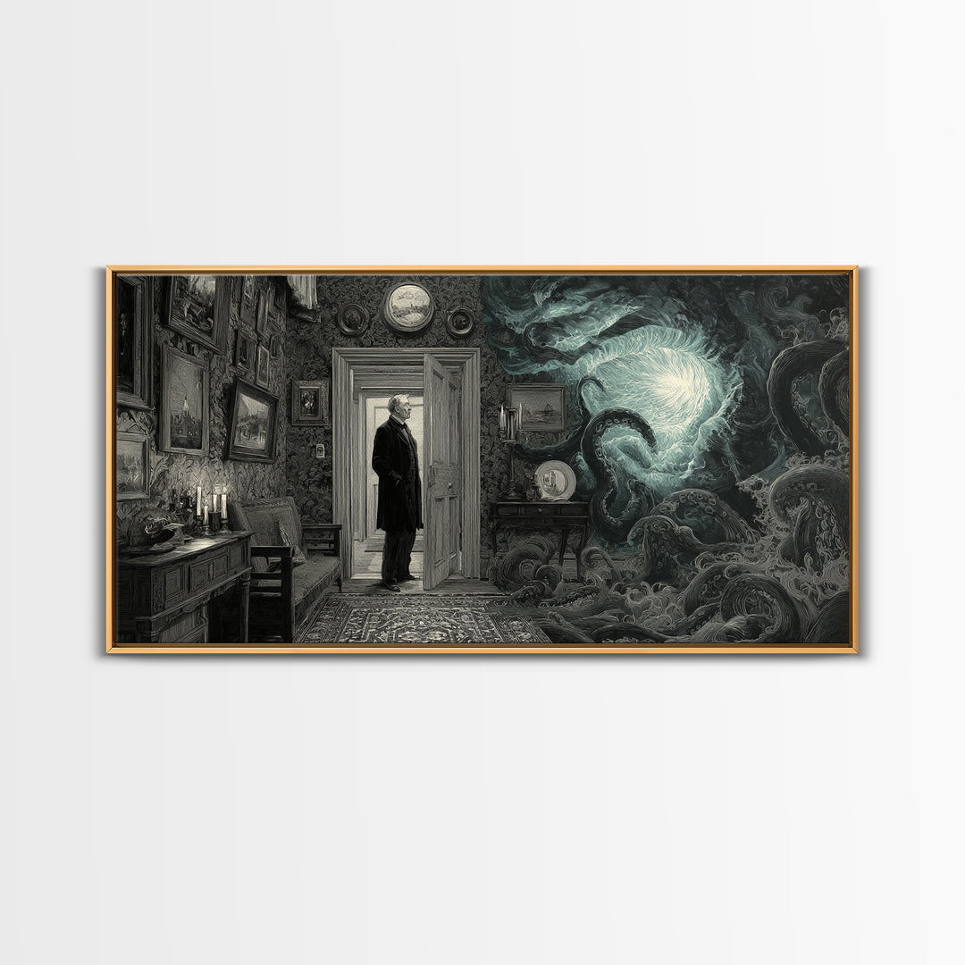 The Thirteenth Door Of Arkham House, Wide Panoramic Art, Gothic Horror Wall Art, Canvas Print, Halloween Wall Decor, Gothic Home Decor