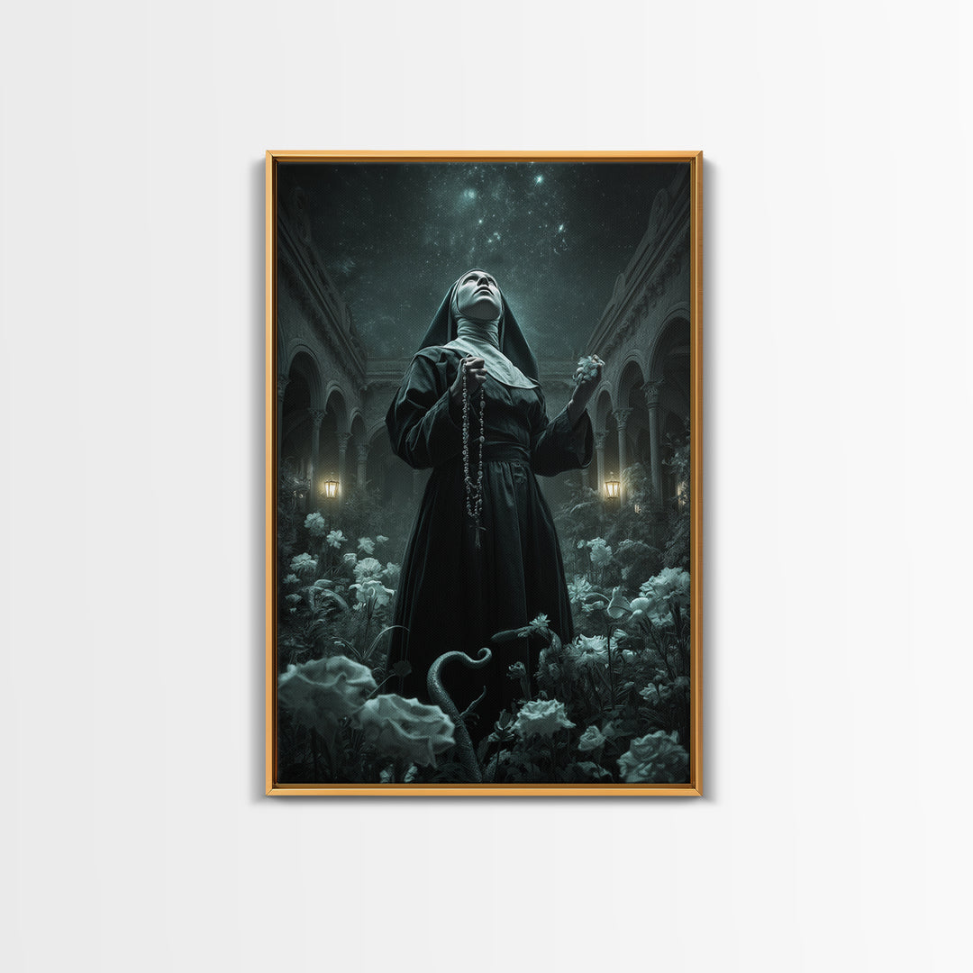 The Nun Of The Endless Constellation, Vertical Wall Art, Spooky Home Decor, Framed Canvas Print, Halloween Wall Decor, Gothic Home Decor