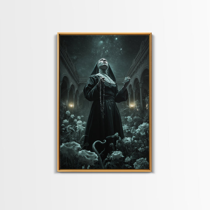 The Nun Of The Endless Constellation, Vertical Wall Art, Spooky Home Decor, Framed Canvas Print, Halloween Wall Decor, Gothic Home Decor