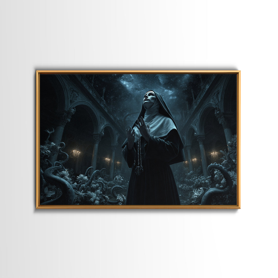 The Nun Of The Endless Constellation, Landscape Wall Art, Dark Halloween Decor, Framed Canvas Print, Halloween Wall Decor, Gothic Home Decor