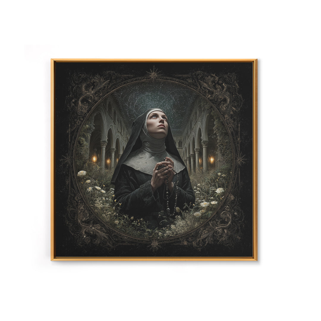 The Nun Of The Endless Constellation, Square Wall Art, Haunted Gothic Art, Framed Canvas Print, Halloween Wall Decor, Gothic Home Decor