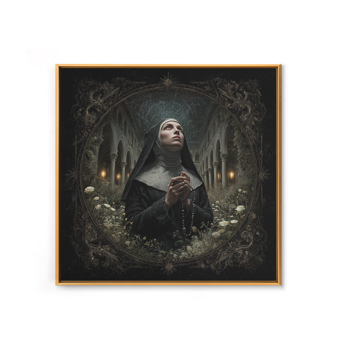 The Nun Of The Endless Constellation, Square Wall Art, Haunted Gothic Art, Framed Canvas Print, Halloween Wall Decor, Gothic Home Decor