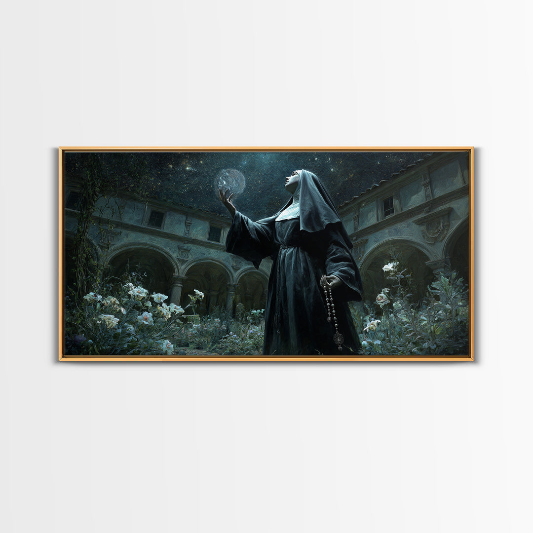 The Nun Of The Endless Constellation, Wide Panoramic Art, Dark Halloween Decor, Canvas Print, Halloween Wall Decor, Gothic Home Decor