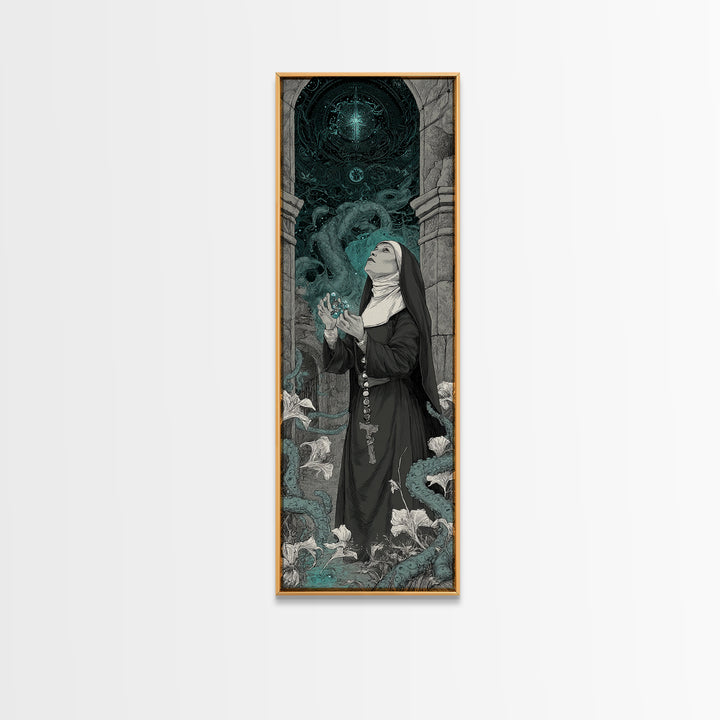 The Nun Of The Endless Constellation, Tall Narrow Wall Art, Haunted Gothic Art, Framed Canvas Print, Halloween Wall Decor, Gothic Home Decor