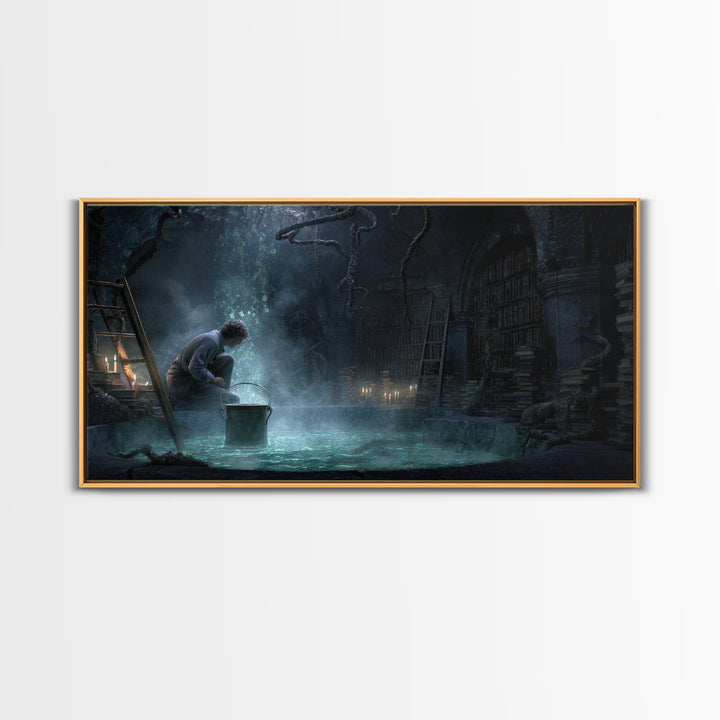 The Dreamwell Beneath Miskatonic, Wide Panoramic Art, Eldritch Gothic Decor, Framed Canvas Print, Halloween Wall Decor, Gothic Home Decor