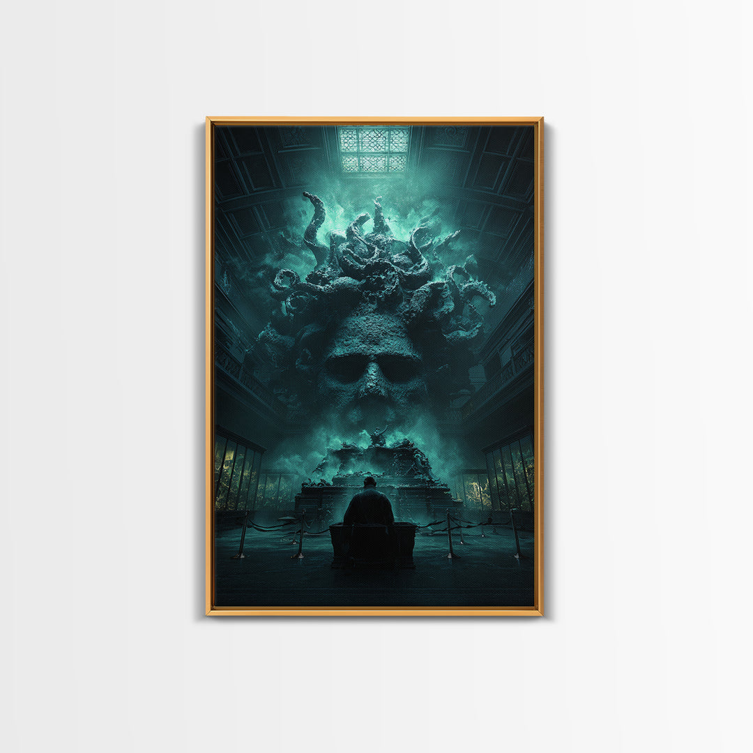 The Custodian Of The Whispering Idol, Vertical Wall Art, Lovecraftian Horror Art, Framed Canvas Print, Halloween Wall Decor