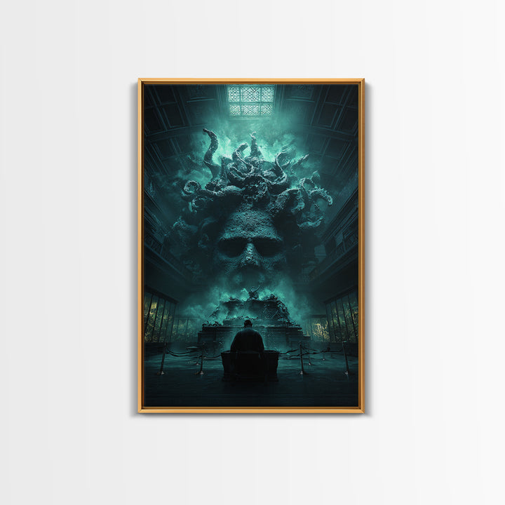The Custodian Of The Whispering Idol, Vertical Wall Art, Lovecraftian Horror Art, Framed Canvas Print, Halloween Wall Decor