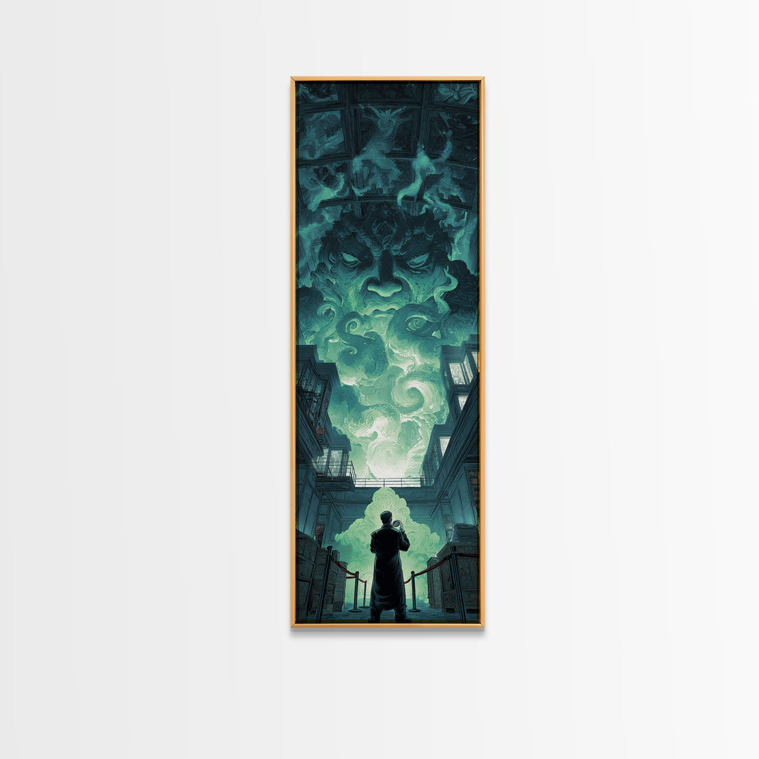 The Custodian Of The Whispering Idol, Tall Narrow Wall Art, Dark Halloween Decor, Framed Canvas Print, Halloween Wall Decor