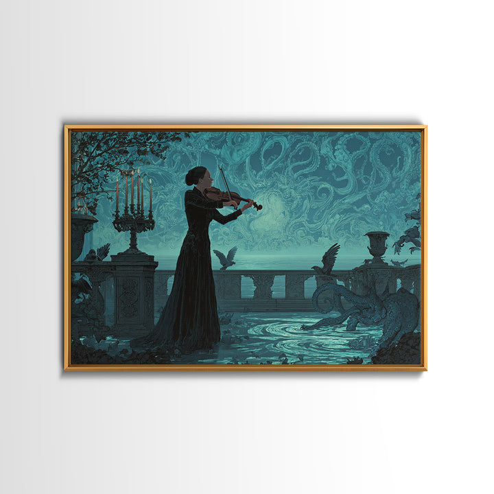 The Violinist Of The Drowned Moon, Landscape Wall Art, Gothic Horror Wall Art, Framed Canvas Print, Halloween Wall Decor, Gothic Home Decor