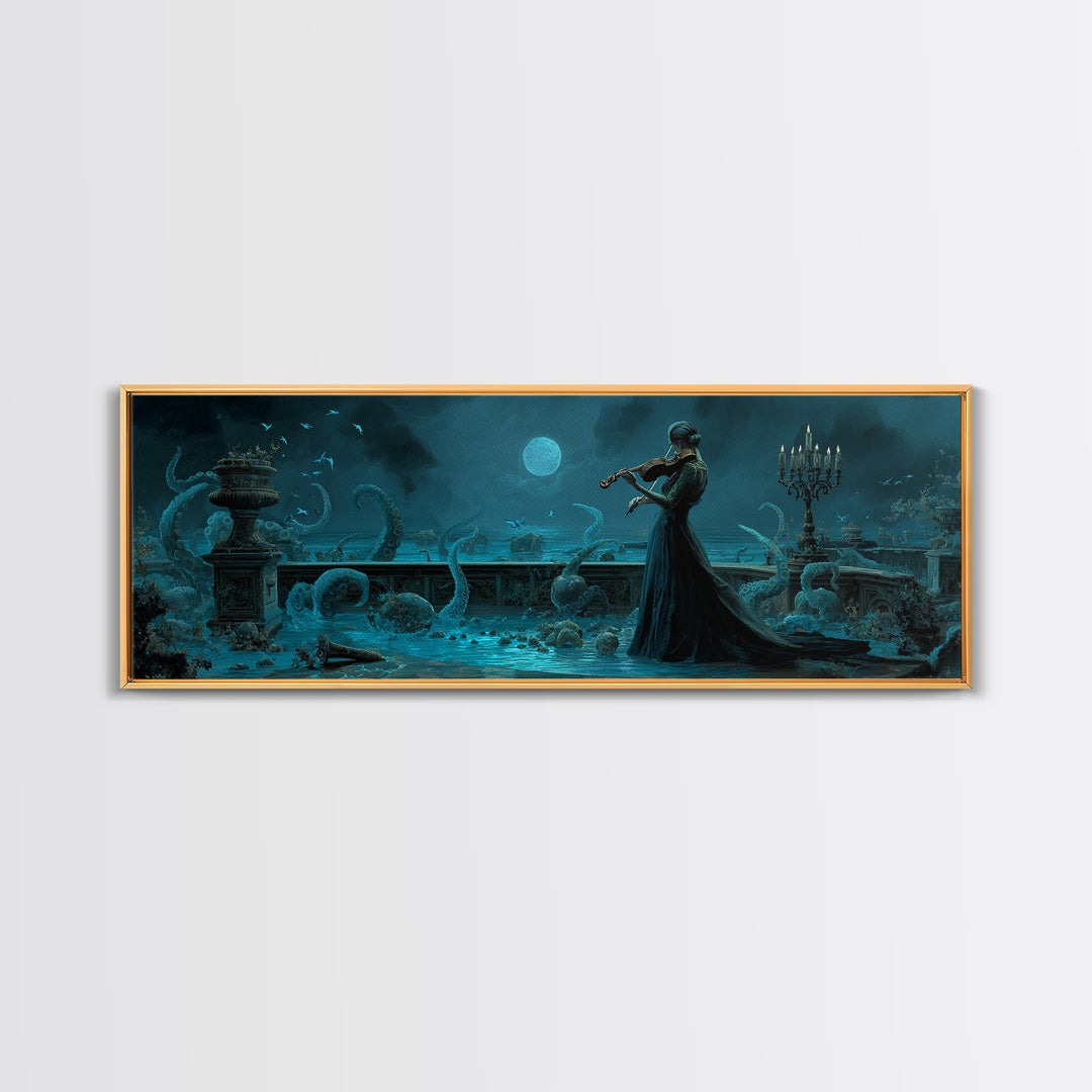 The Violinist Of The Drowned Moon, Extra Wide Wall Art, Haunted Gothic Art, Framed Canvas Print, Halloween Wall Decor, Gothic Home Decor