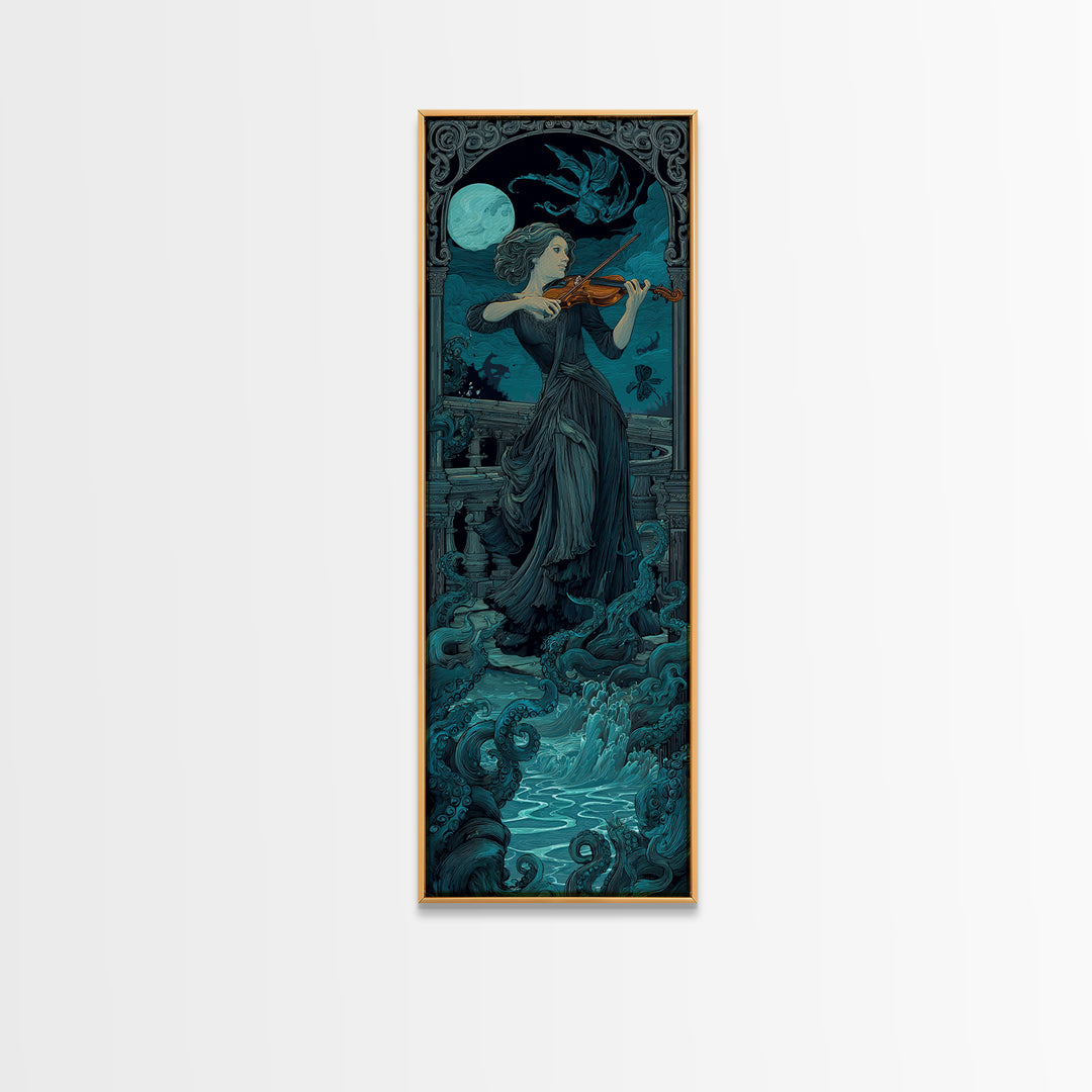 The Violinist Of The Drowned Moon, Tall Narrow Wall Art, Spooky Home Decor, Canvas Print, Halloween Wall Decor, Gothic Home Decor