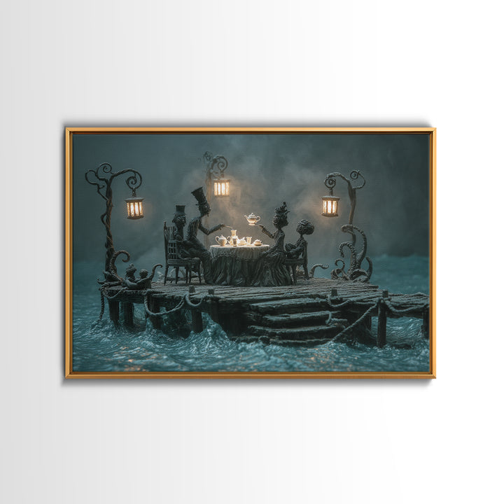 The Tea Party At Innsmouth Pier, Landscape Wall Art, Spooky Home Decor, Framed Canvas Print, Halloween Wall Decor, Gothic Home Decor