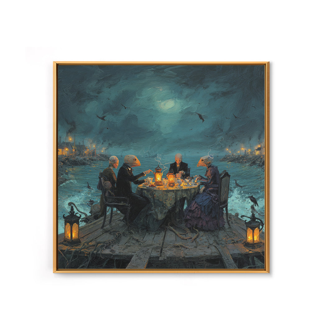 The Tea Party At Innsmouth Pier, Square Wall Art, Lovecraftian Horror Art, Framed Canvas Print, Halloween Wall Decor, Gothic Home Decor