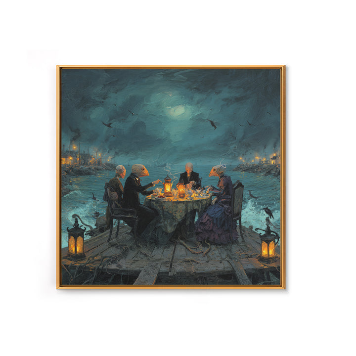 The Tea Party At Innsmouth Pier, Square Wall Art, Lovecraftian Horror Art, Framed Canvas Print, Halloween Wall Decor, Gothic Home Decor