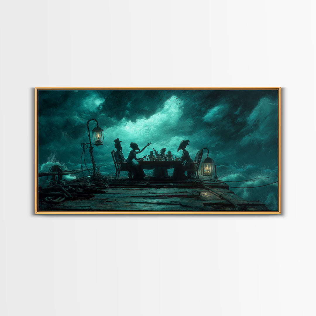 The Tea Party At Innsmouth Pier, Wide Panoramic Art, Haunted Gothic Art, Framed Canvas Print, Halloween Wall Decor, Gothic Home Decor