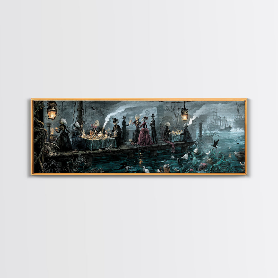 The Tea Party At Innsmouth Pier, Extra Wide Wall Art, Gothic Horror Wall Art, Framed Canvas Print, Halloween Wall Decor, Gothic Home Decor