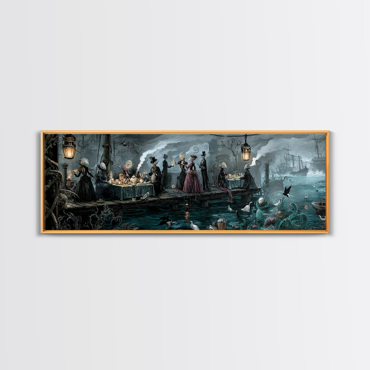 The Tea Party At Innsmouth Pier, Extra Wide Wall Art, Gothic Horror Wall Art, Framed Canvas Print, Halloween Wall Decor, Gothic Home Decor