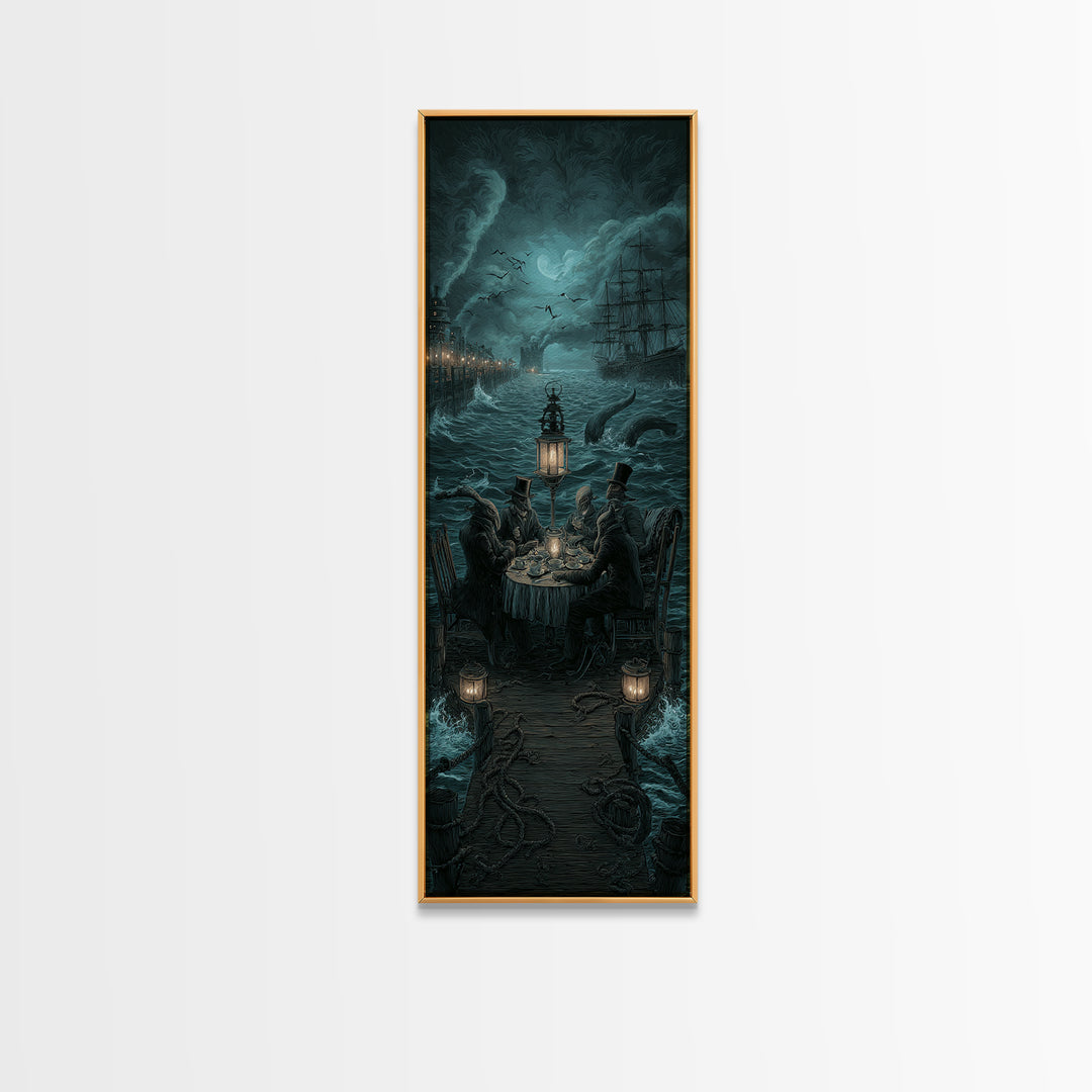 The Tea Party At Innsmouth Pier, Tall Narrow Wall Art, Dark Halloween Decor, Canvas Print, Halloween Wall Decor, Gothic Home Decor