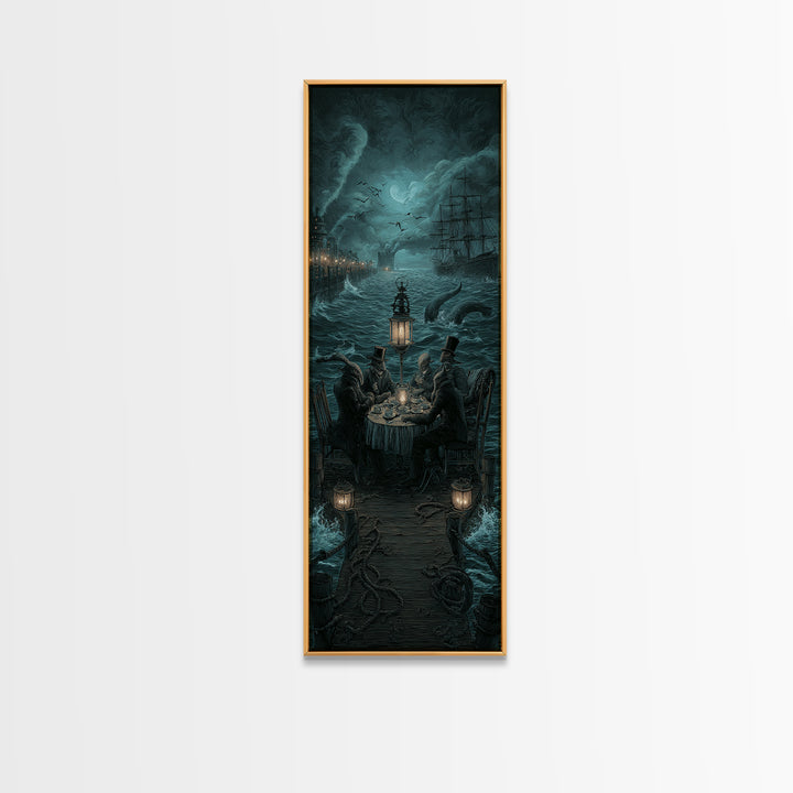 The Tea Party At Innsmouth Pier, Tall Narrow Wall Art, Dark Halloween Decor, Canvas Print, Halloween Wall Decor, Gothic Home Decor