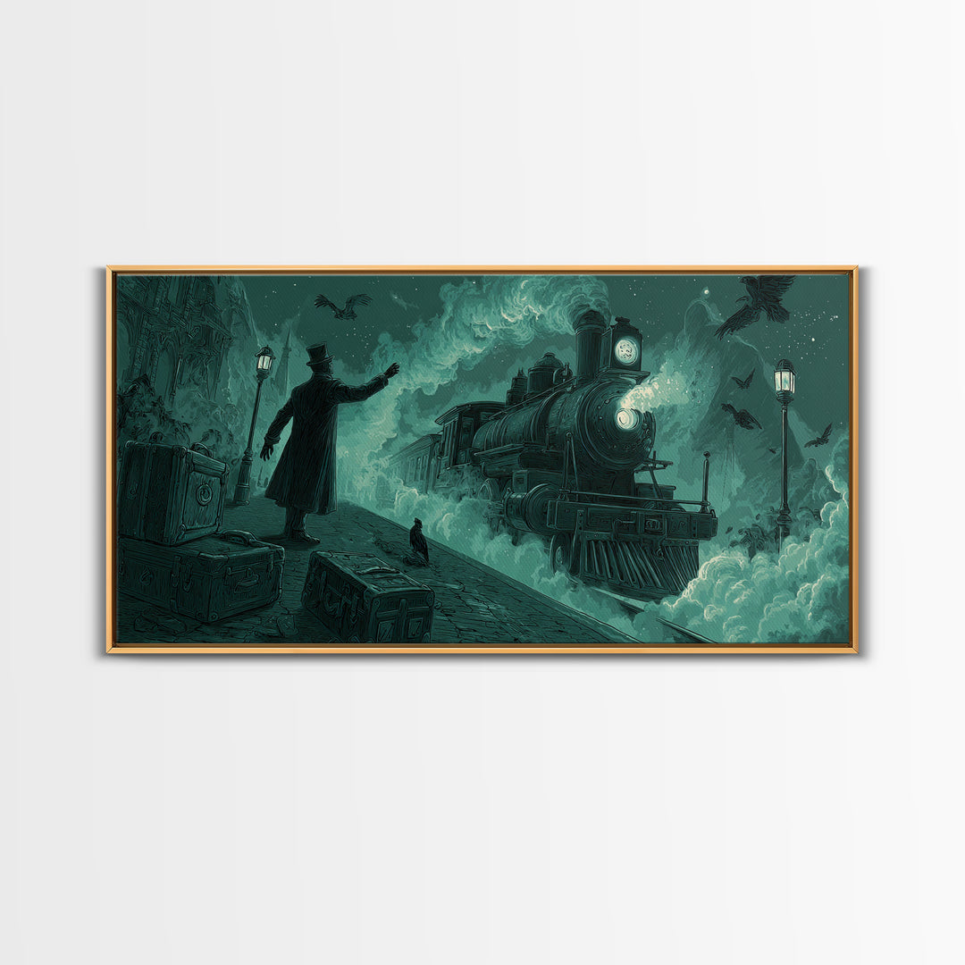 The Phantom Train To Kadath, Wide Panoramic Art, Macabre Wall Art, Framed Canvas Print, Halloween Wall Decor, Gothic Home Decor