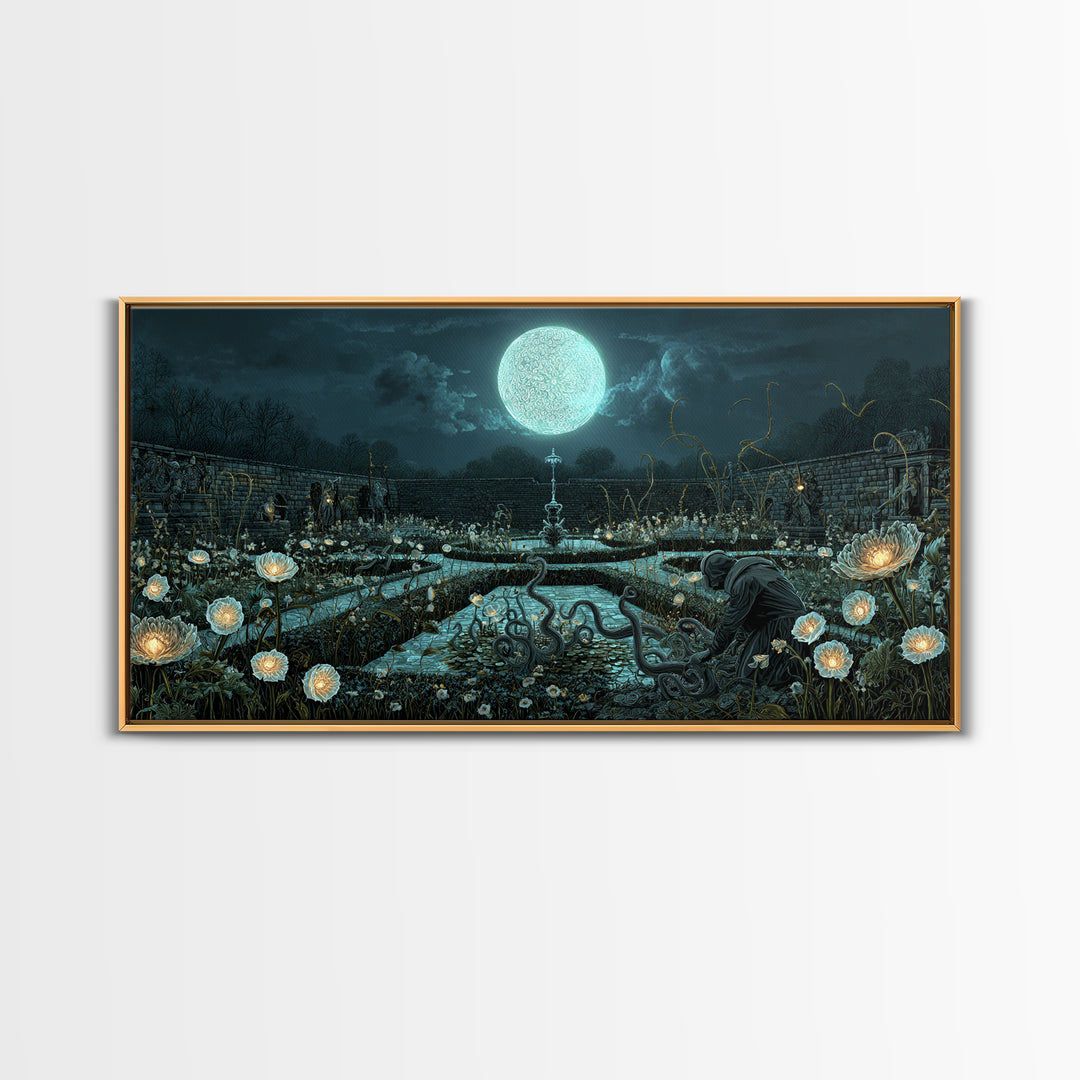 The Garden Of The Eyeless Moon, Wide Panoramic Art, Gothic Horror Wall Art, Canvas Print, Halloween Wall Decor, Gothic Home Decor