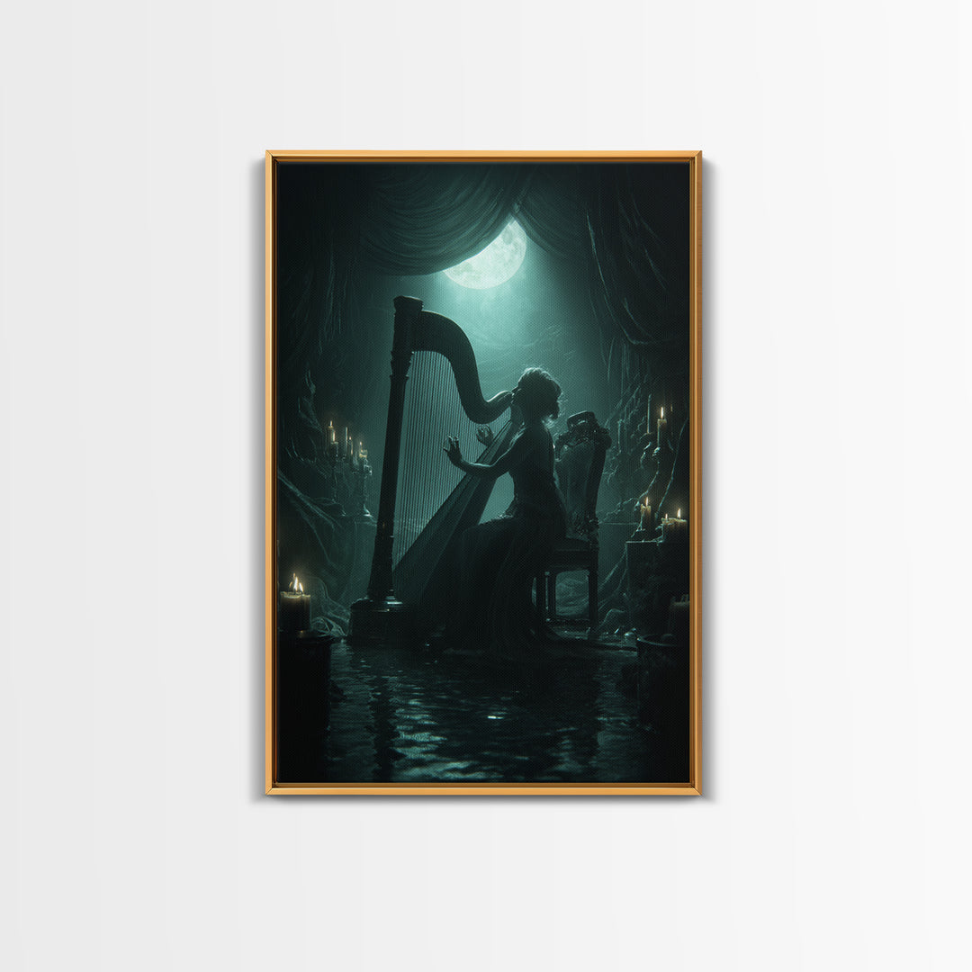 The Harpist Of Abyssal Sleep, Vertical Wall Art, Haunted Gothic Art, Canvas Print, Halloween Wall Decor, Gothic Home Decor