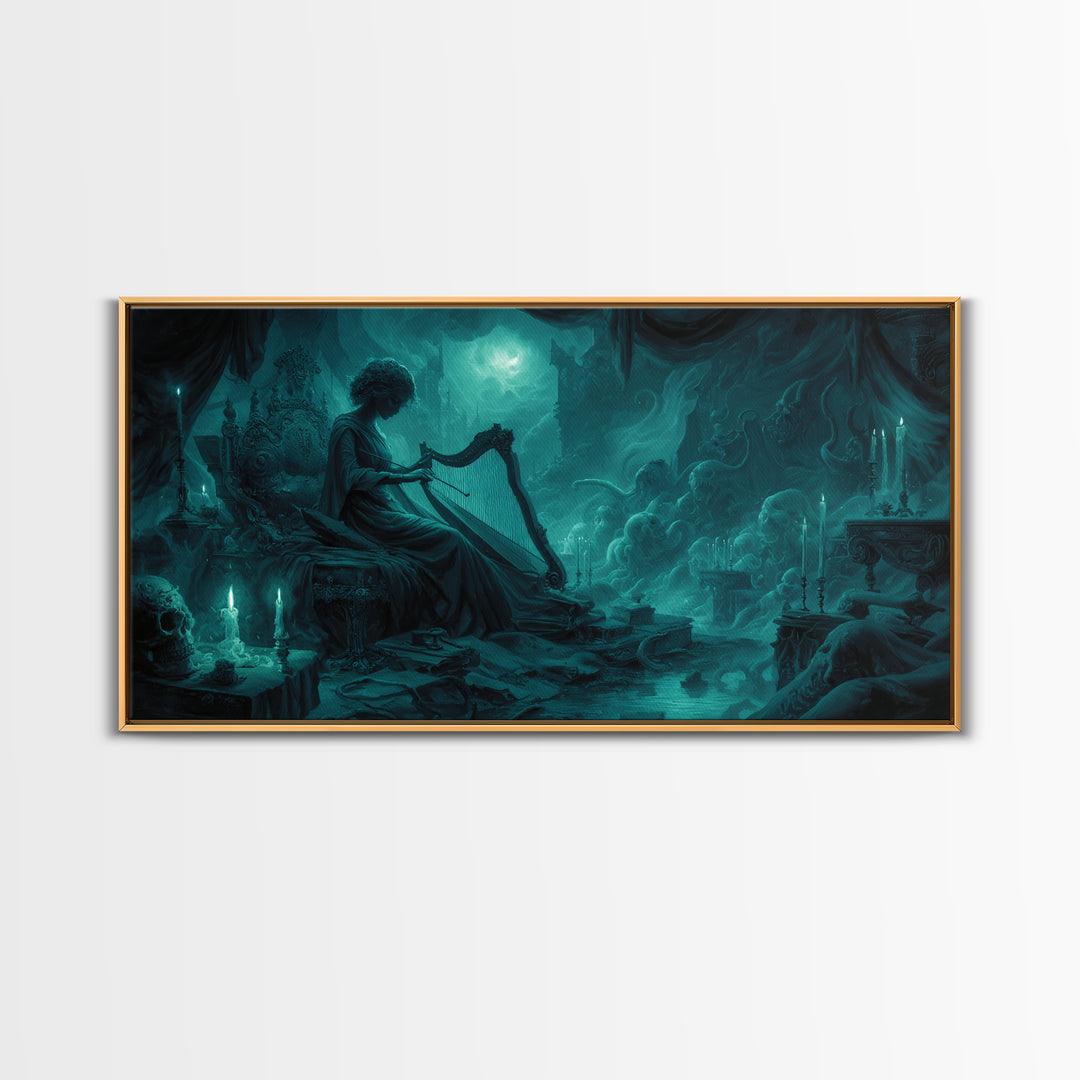 The Harpist Of Abyssal Sleep, Wide Panoramic Art, Lovecraftian Horror Art, Framed Canvas Print, Halloween Wall Decor, Gothic Home Decor