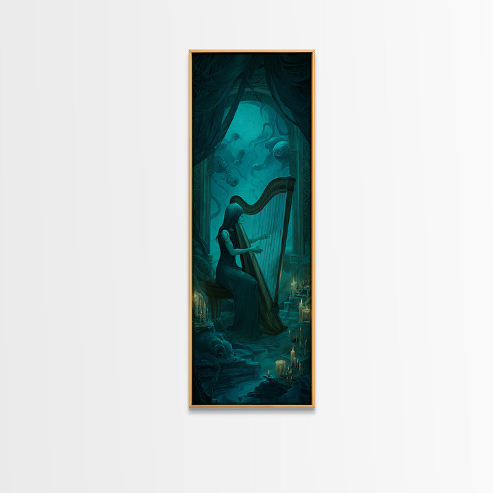 The Harpist Of Abyssal Sleep, Tall Narrow Wall Art, Dark Halloween Decor, Framed Canvas Print, Halloween Wall Decor, Gothic Home Decor