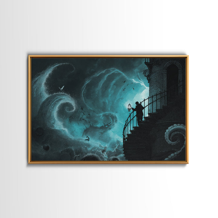 The Last Lighthouse Of Y’Ha-Nthlei, Landscape Wall Art, Macabre Wall Art, Framed Canvas Print, Halloween Wall Decor, Gothic Home Decor