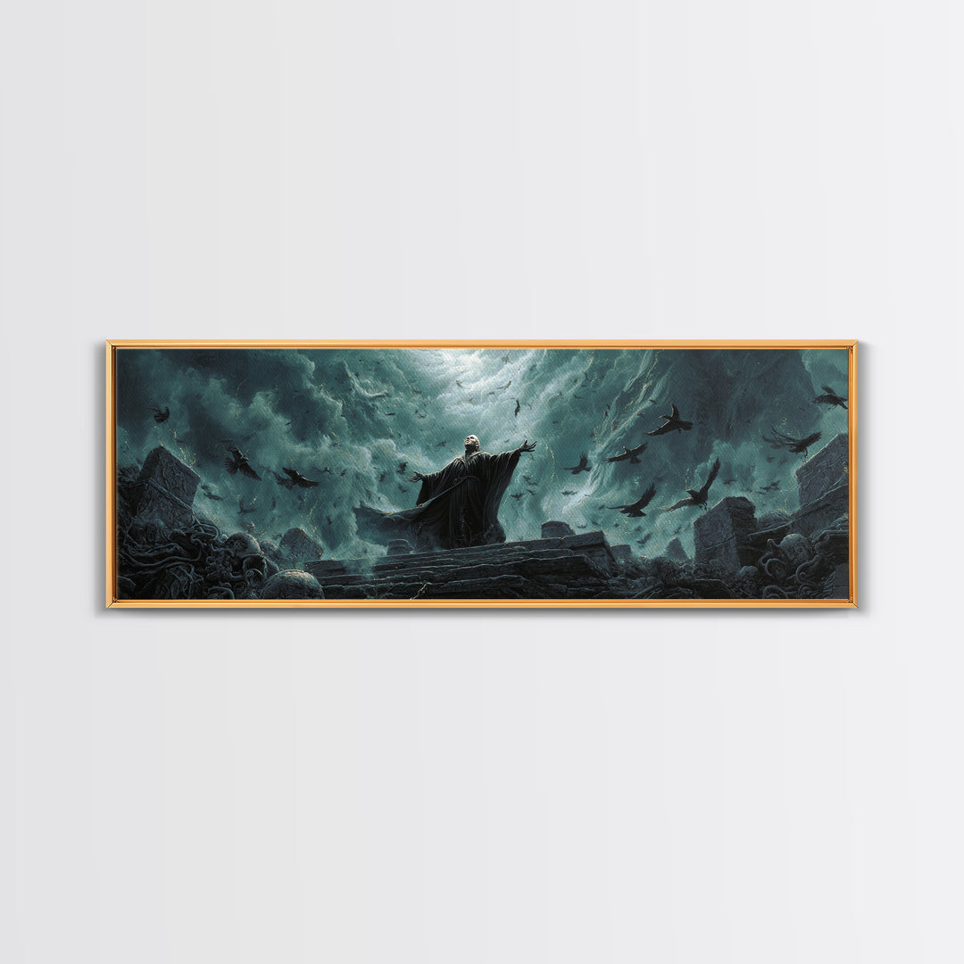 The Raven Sermon Of Leng, Extra Wide Wall Art, Cosmic Horror Wall Art, Framed Canvas Print, Halloween Wall Decor, Gothic Home Decor