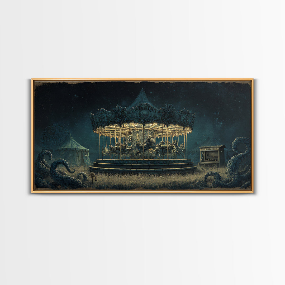The Carousel Of Sleeping Planets, Wide Panoramic Art, Lovecraftian Horror Art, Canvas Print, Halloween Wall Decor, Gothic Home Decor