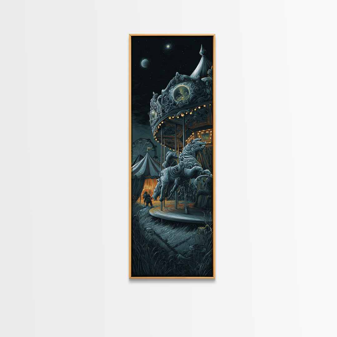 The Carousel Of Sleeping Planets, Tall Narrow Wall Art, Eldritch Gothic Decor, Framed Canvas Print, Halloween Wall Decor, Gothic Home Decor