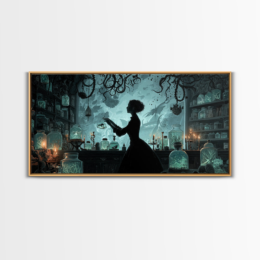 The Apothecary Of Black Seashell Dreams, Wide Panoramic Art, Cosmic Horror Wall Art, Canvas Print, Halloween Wall Decor, Gothic Home Decor