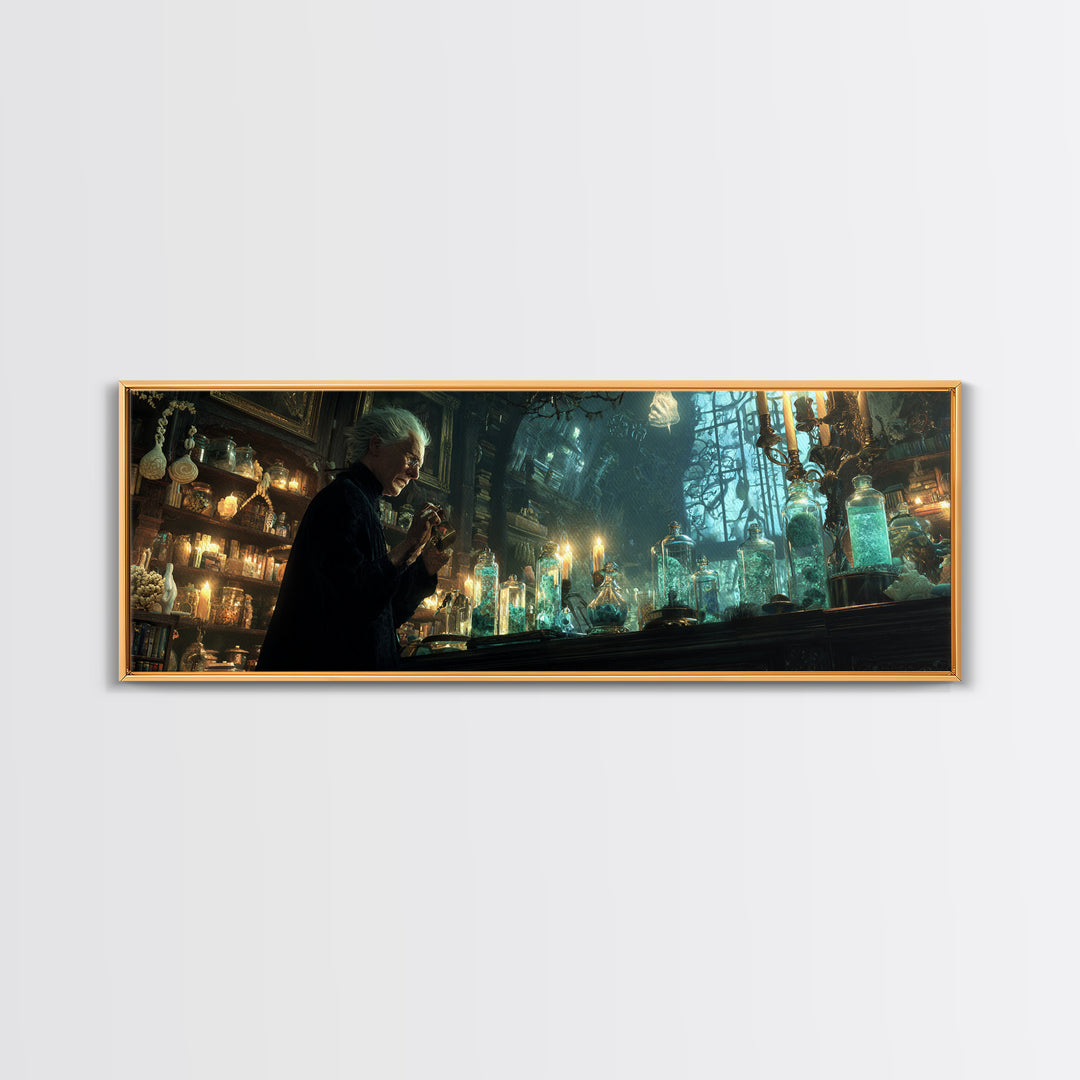 The Apothecary Of Black Seashell Dreams, Extra Wide Wall Art, Haunted Gothic Art, Framed Canvas Print, Halloween Wall Decor