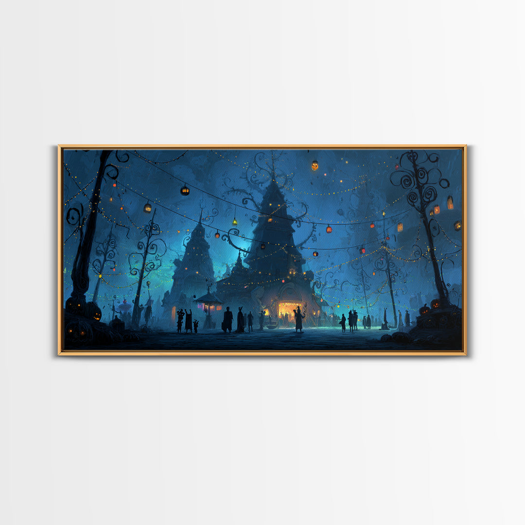 The Festival Of The Little Old Ones, Wide Panoramic Art, Spooky Home Decor, Canvas Print, Halloween Wall Decor, Gothic Home Decor
