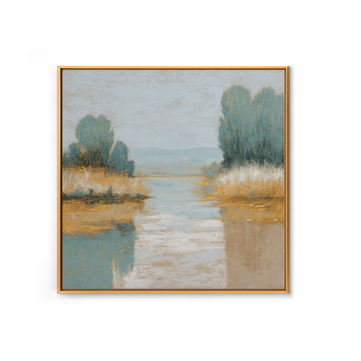 Sunlit Lake with Calming Reflections Framed Canvas Print, Dental Office Art, Dental Gift, Office Decor, Oil Painting, Calm, DOA-1x1-63