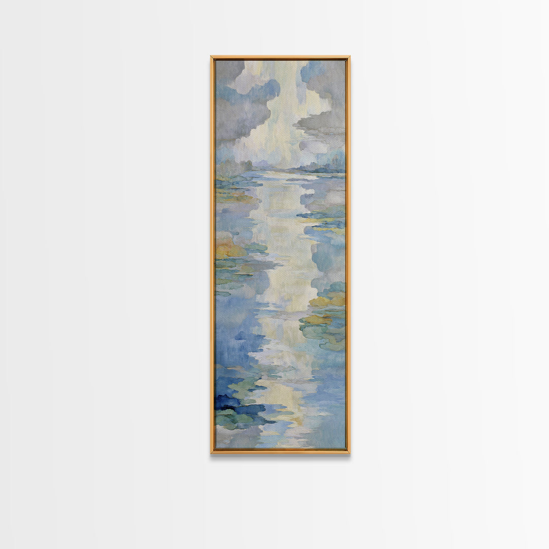 Sunlit Lake with Calming Reflections Framed Canvas Print, Dental Office Art, Wall Art, Office Decor, Oil Painting, Calm, DOA-1x3-75