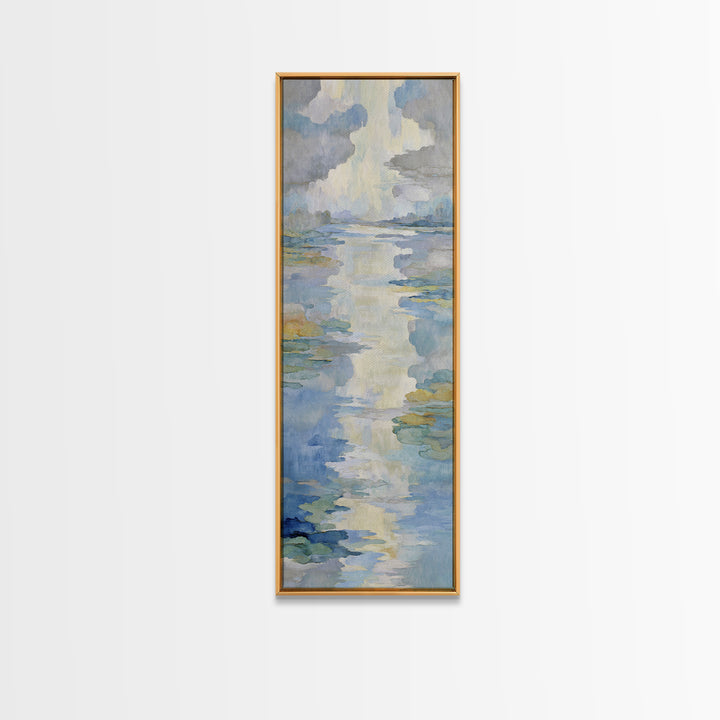 Sunlit Lake with Calming Reflections Framed Canvas Print, Dental Office Art, Wall Art, Office Decor, Oil Painting, Calm, DOA-1x3-75