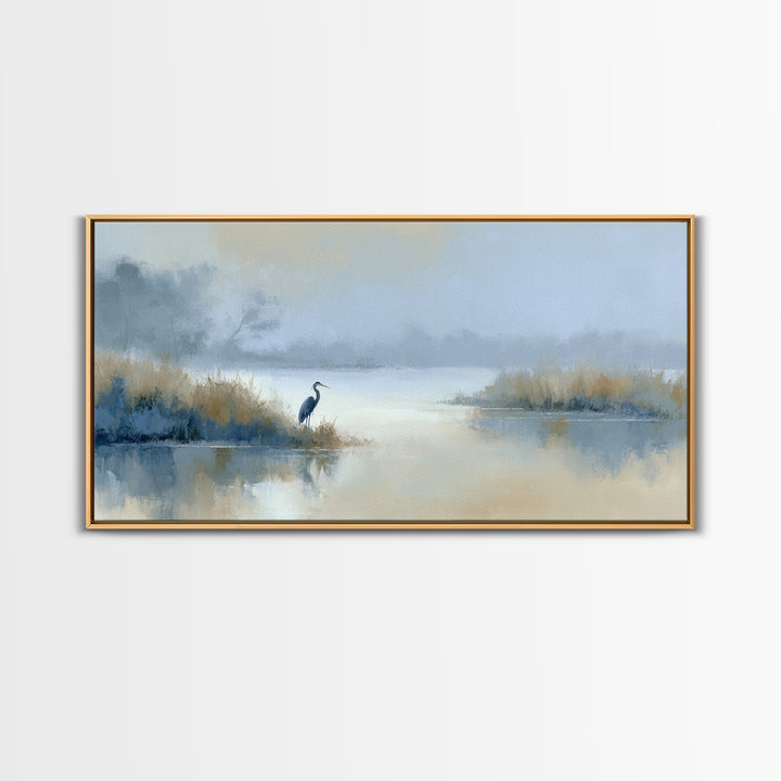 Blue Heron by Calm Marsh Water Framed Canvas Print, Dental Office Art, Tooth Art, Office Decor, Fine Art, Calm, Modern Decor, DOA-2x1-19