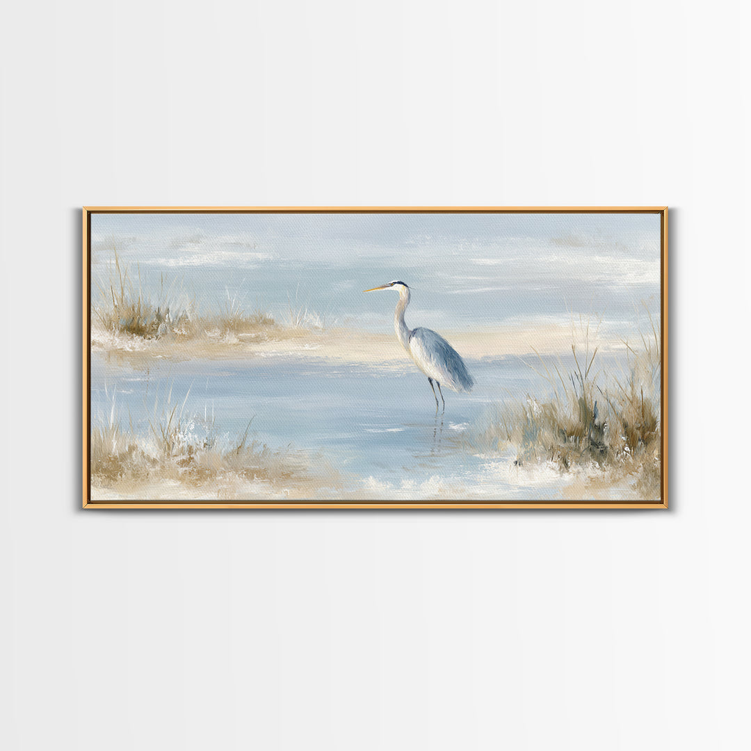 Blue Heron by Calm Marsh Water Framed Canvas Print, Dental Office Art, Contemporary Art, Office Decor, Fine Art, Calm, DOA-2x1-43