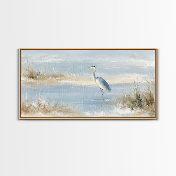 Blue Heron by Calm Marsh Water Framed Canvas Print, Dental Office Art, Contemporary Art, Office Decor, Fine Art, Calm, DOA-2x1-43