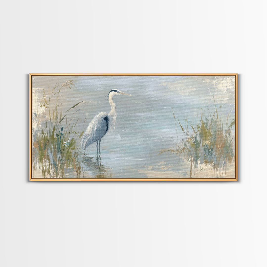 Blue Heron by Calm Marsh Water Framed Canvas Print, Dental Office Art, Tooth Art, Office Decor, Fine Art, Calm, Modern Decor, DOA-2x1-67