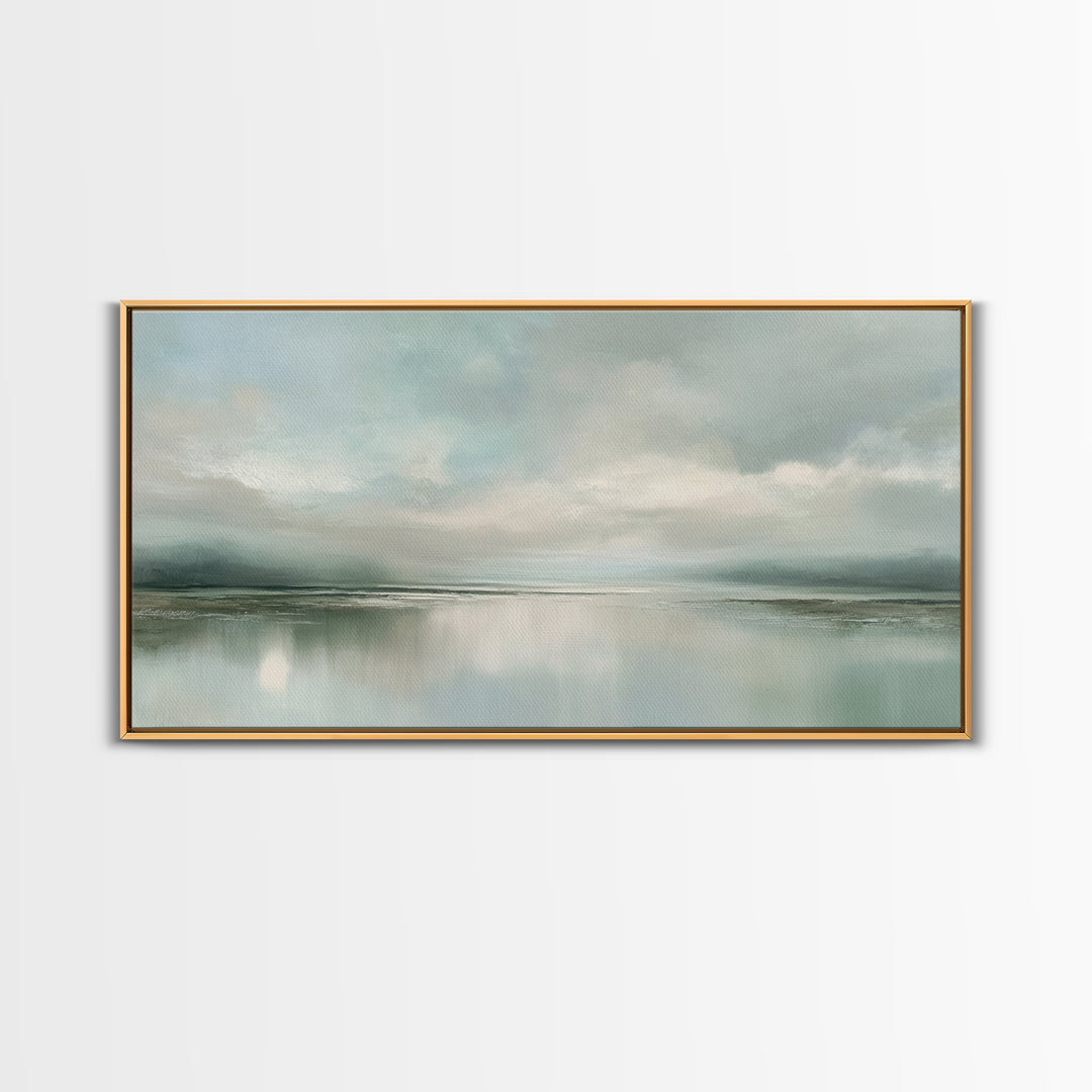 Sunlit Lake with Calming Reflections Framed Canvas Print, Dental Office Art, Boho Decor, Office Decor, Oil Painting, Calm, DOA-2x1-83