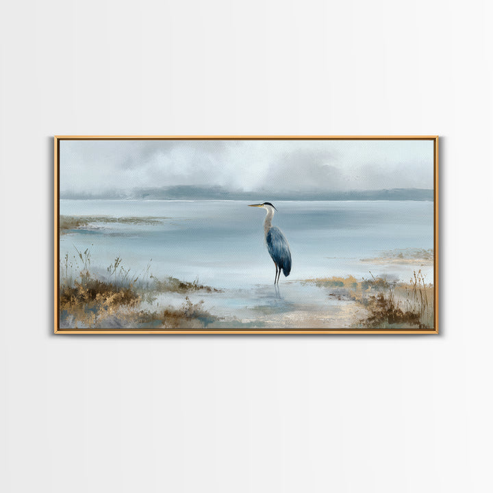 Blue Heron by Calm Marsh Water Framed Canvas Print, Dental Office Art, Contemporary Art, Office Decor, Fine Art, Calm, DOA-2x1-91