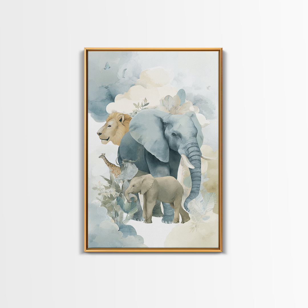 Happy Jungle Animals Framed Canvas Print, Dental Office Art, Textured Painting, Office Decor, Calm, Room Decor Aesthetic, DOA-2x3-94