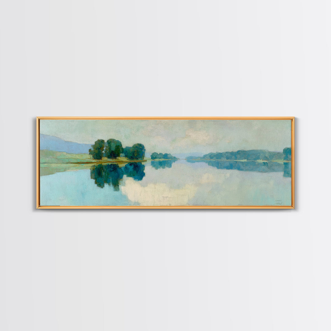 Sunlit Lake with Calming Reflections Framed Canvas Print, Dental Office Art, Boho Decor, Office Decor, Oil Painting, Calm, DOA-3x1-55