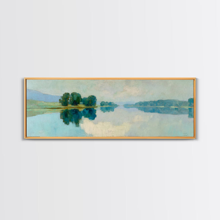 Sunlit Lake with Calming Reflections Framed Canvas Print, Dental Office Art, Boho Decor, Office Decor, Oil Painting, Calm, DOA-3x1-55