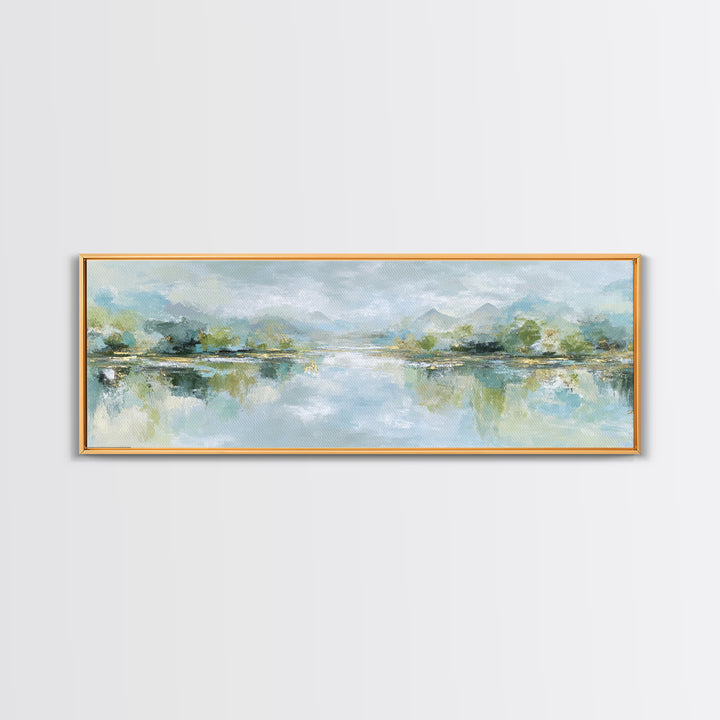 Sunlit Lake with Calming Reflections Framed Canvas Print, Dental Office Art, Dental Gift, Office Decor, Watercolor Art, Calm, DOA-3x1-7
