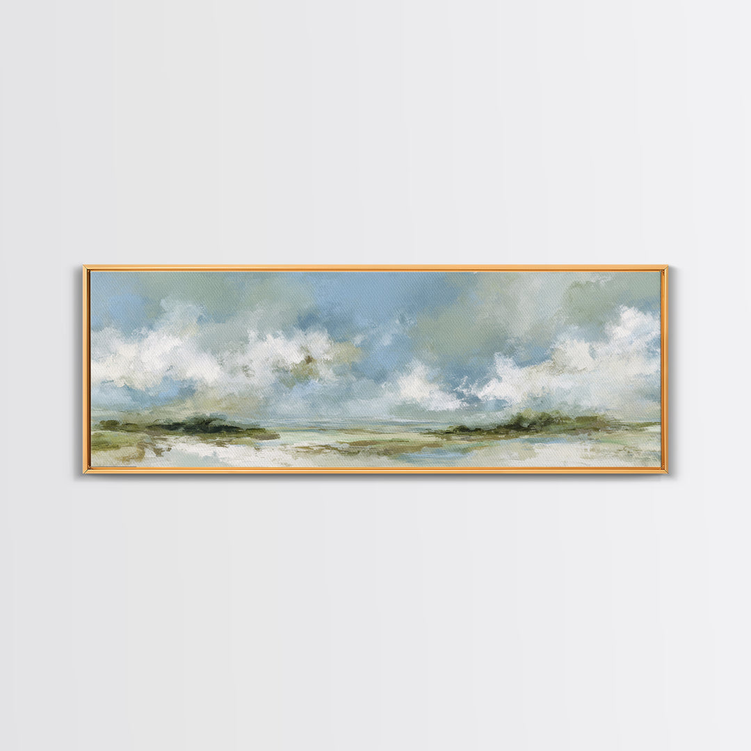 Peaceful Clouds over Open Meadow Framed Canvas Print, Dental Office Art, Dental Wall Art, Office Decor, Oil Painting, Calm, DOA-3x1-73