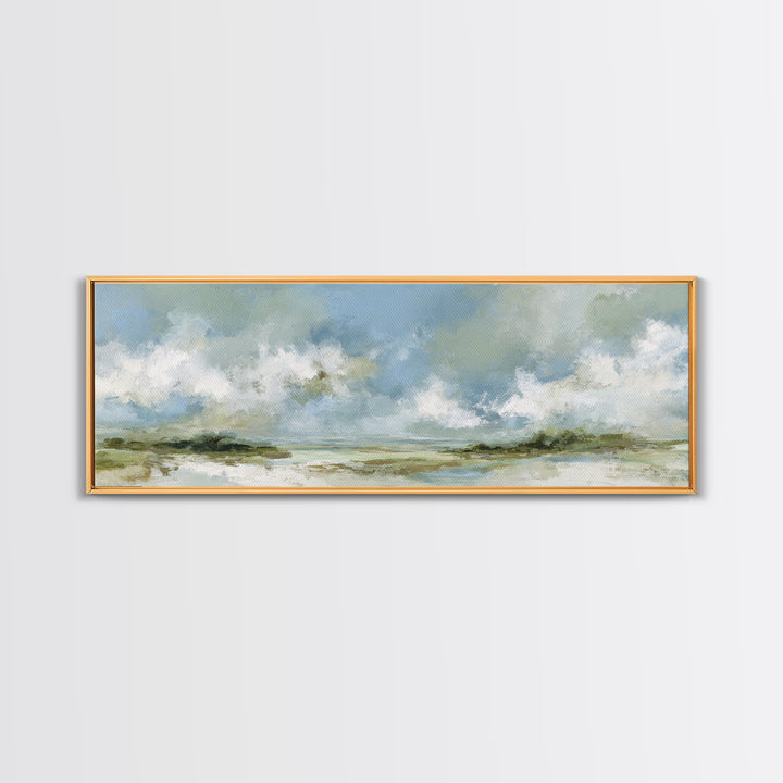 Peaceful Clouds over Open Meadow Framed Canvas Print, Dental Office Art, Dental Wall Art, Office Decor, Oil Painting, Calm, DOA-3x1-73